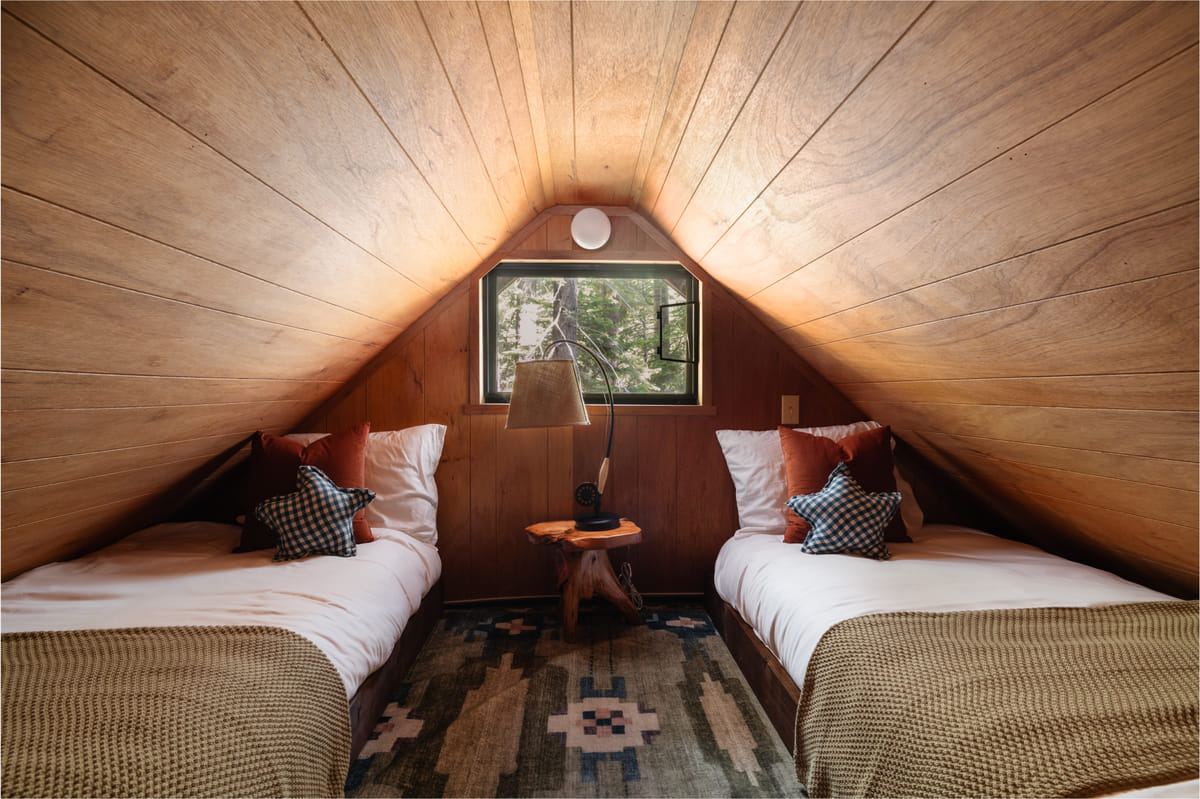 The kids' loft, two twin beds under the peak