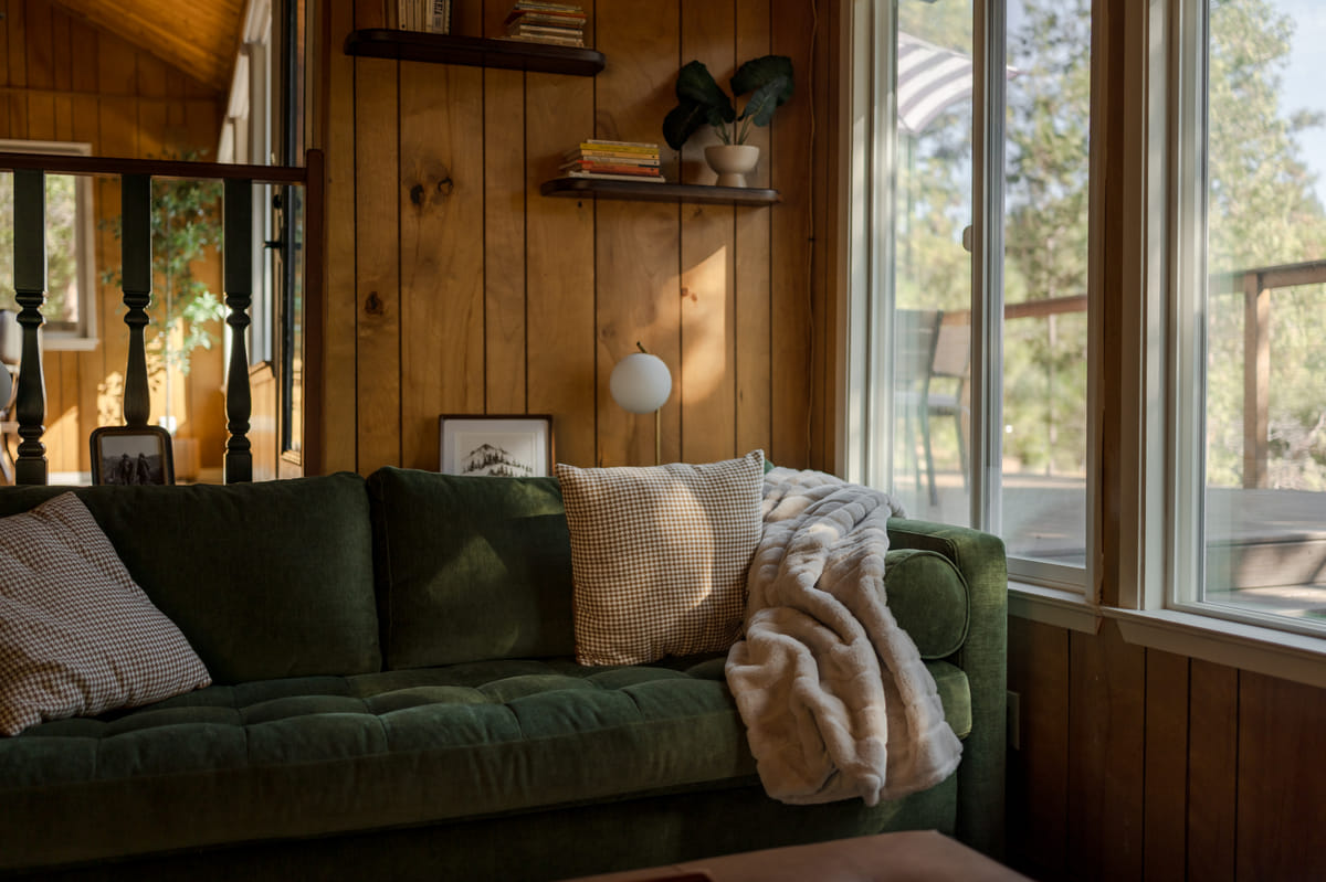 The green sofa with a throw in afternoon light