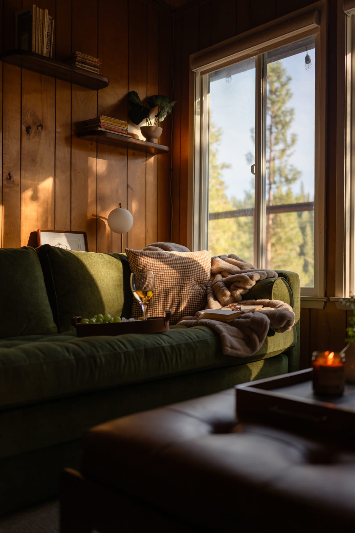 The green sofa in low afternoon light